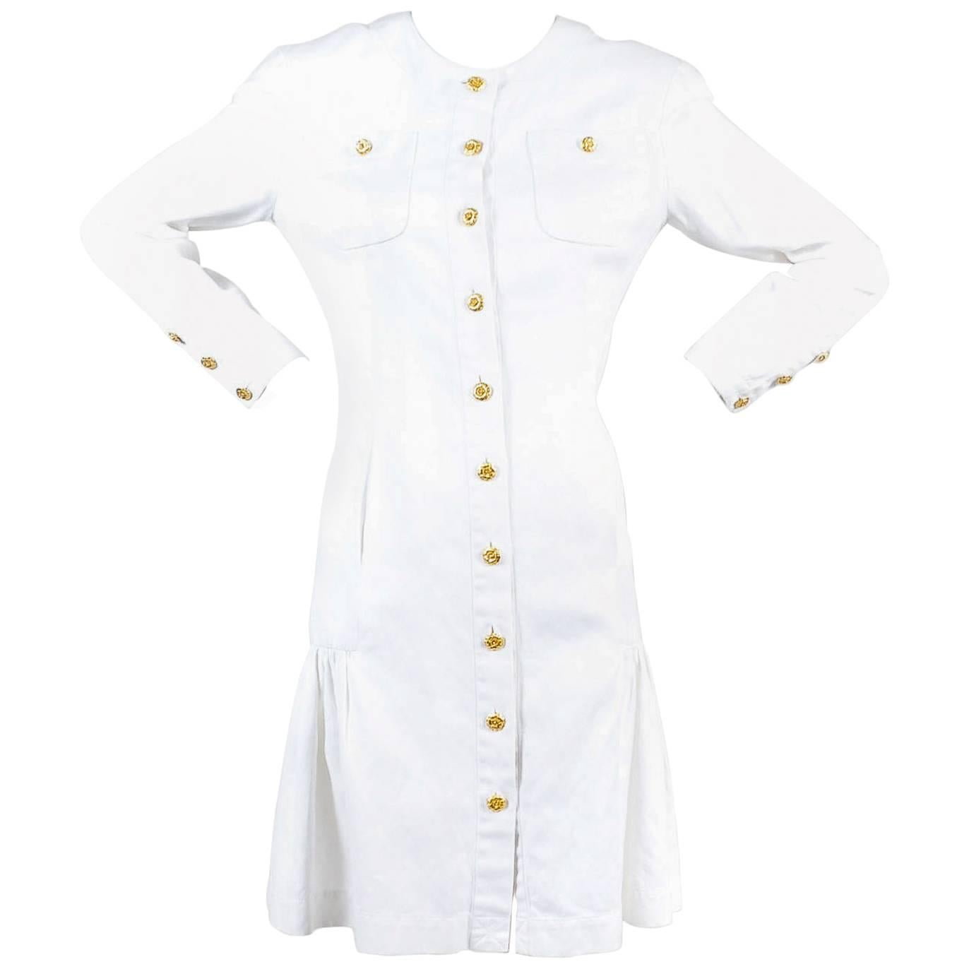 Vintage Chanel White Long Sleeve Dropwaisted Ruffle Dress w/Gold Flower Buttons For Sale