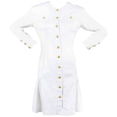 Vintage Chanel White Long Sleeve Dropwaisted Ruffle Dress w/Gold Flower Buttons