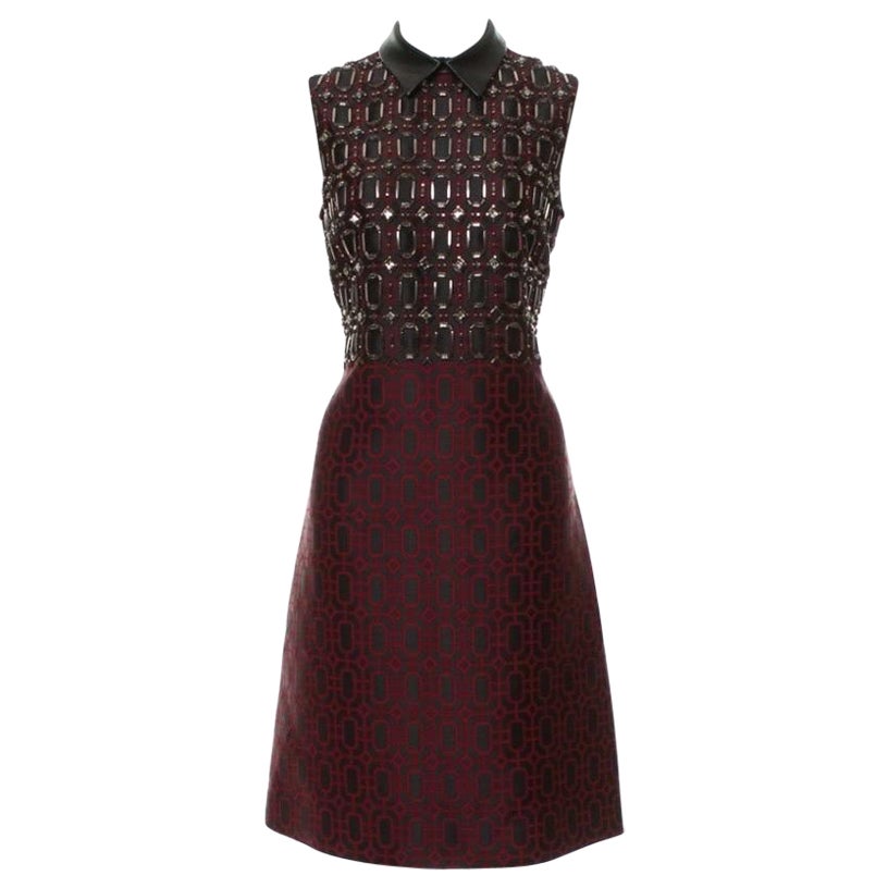New Gucci Crystal Embellished Jacquard Dress with Leather Collar size 44 - US 8