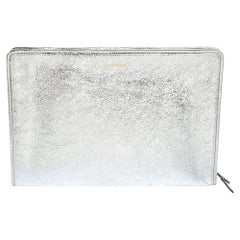 Used Balenciaga Silver Crinkled Leather Bazaar Zip Pouch