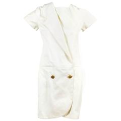 Vintage Chanel Cream Cotton Clover Button Short Sleeve Wrap Dress SZ 34