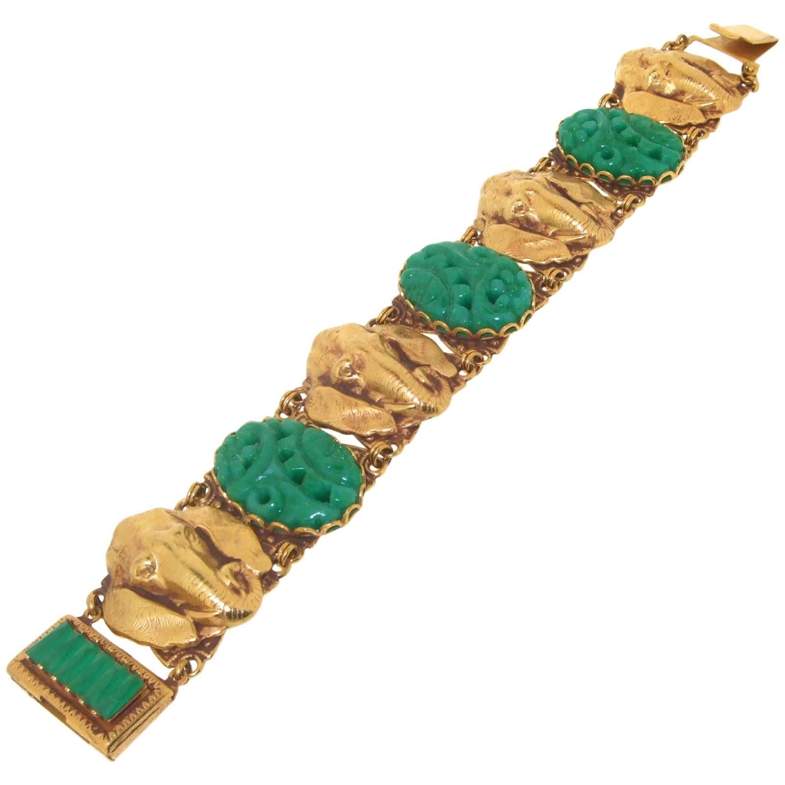 Askew London Elephant Bracelet Green Jade Vintage Glass For Sale