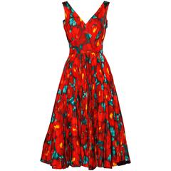 Incredible 1950s Red Floral Print Silk Dress with a Massive Pleated Sweep