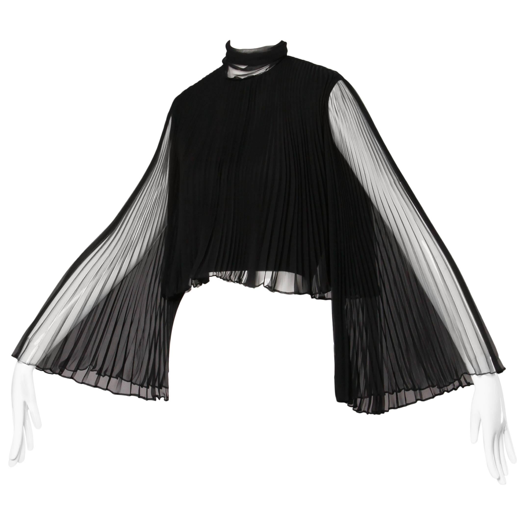 Mollie Parnis Vintage 1960s Black Accordian Pleated Crop Top with Angel Sleeves