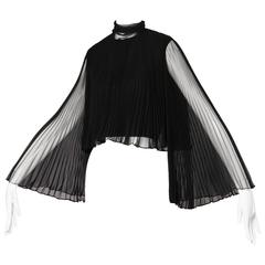 Mollie Parnis Vintage 1960s Black Accordian Pleated Crop Top with Angel Sleeves