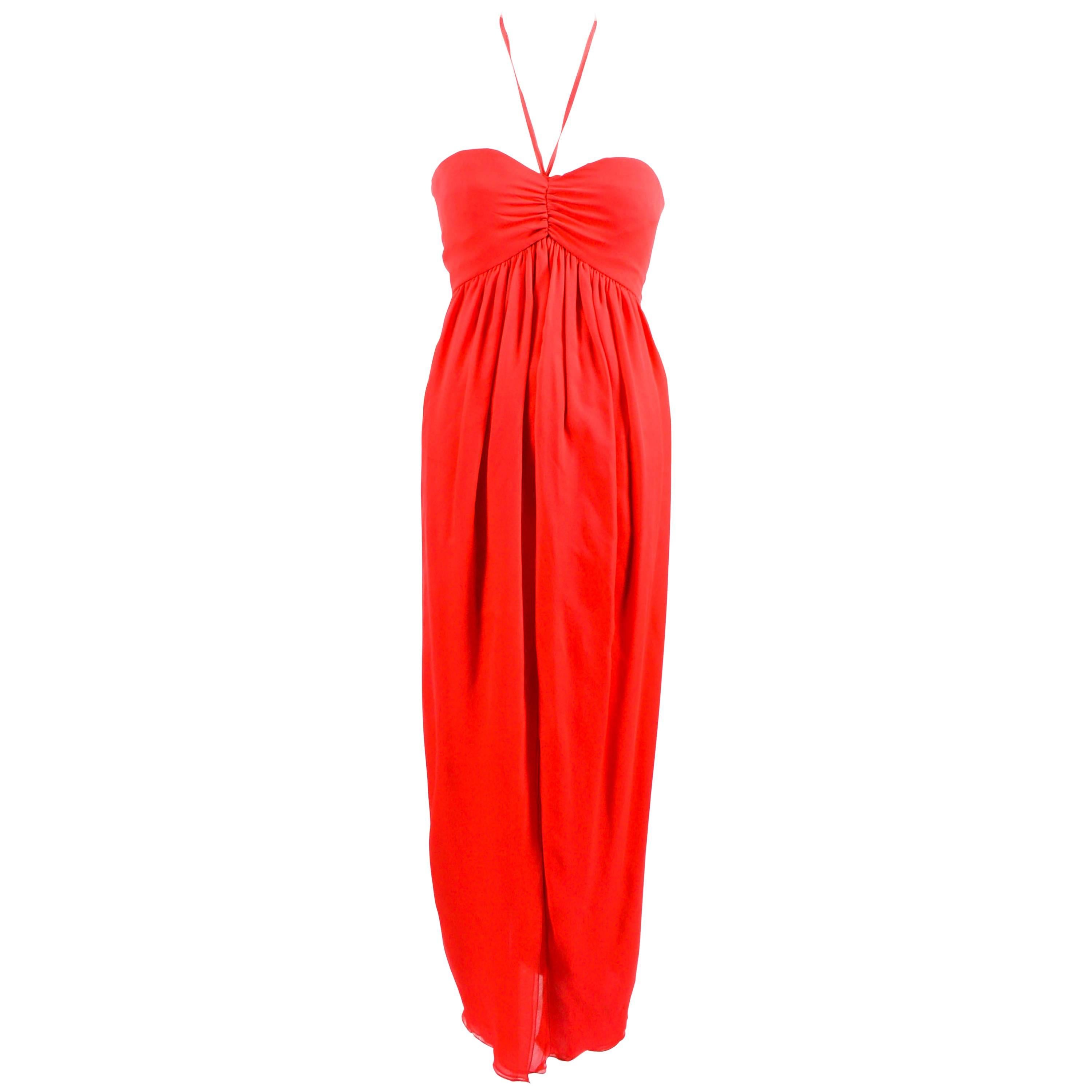 Vintage Oscar de la Renta Bright Red Silk Strapless Long Gown SZ 10 For Sale