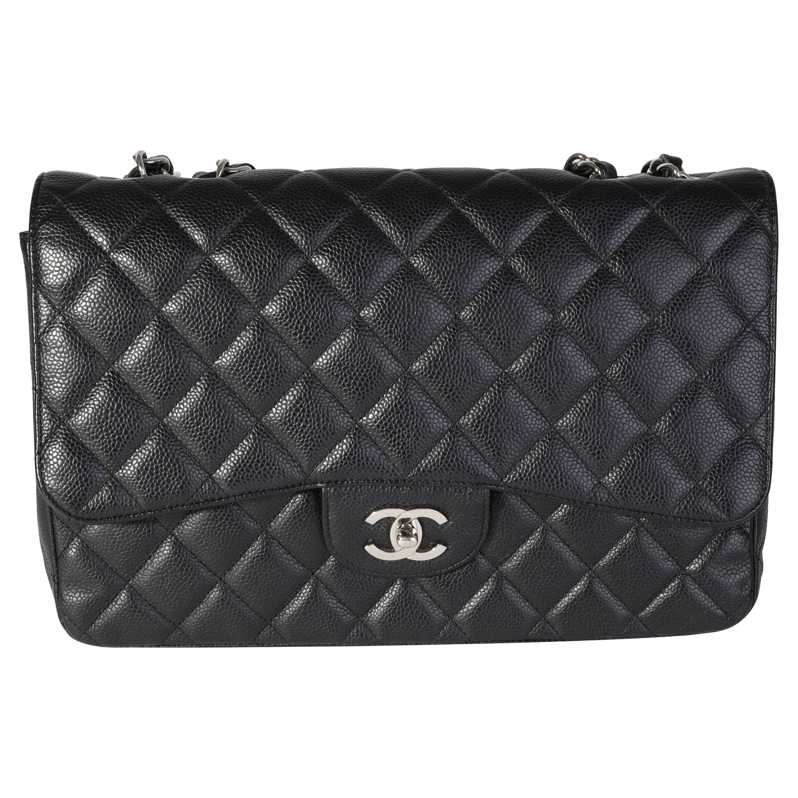 Chanel Black Quilted Caviar Jumbo Classic Single Flap Bag For Sale
