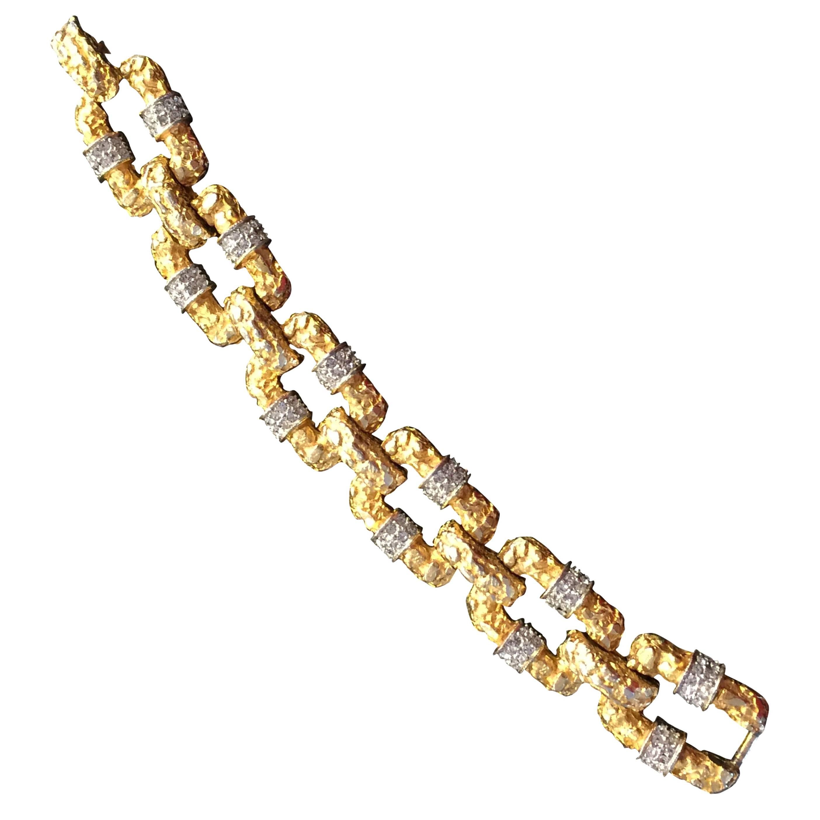 1960s CARLYLE Brutalist Goldtone and Pave Rhinestone Link Bracelet