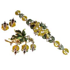 Vintage 1940s Rare TRIFARI Demilune Parure Enameled Bracelet Drop Pin and Clip Earrings