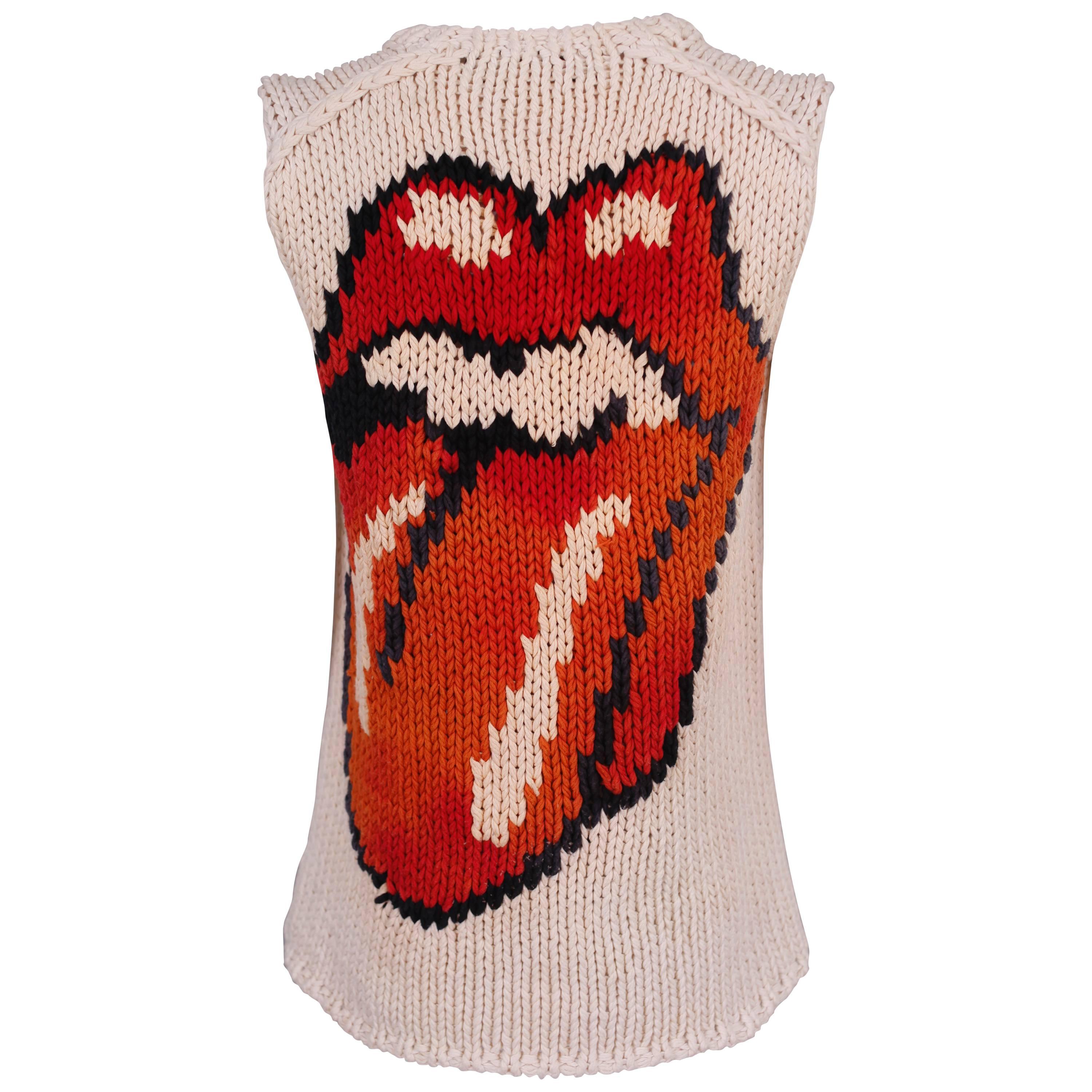 2005 Comme des Garcons Cable Knit Vest w/Intarsia Lips & Tongue Motif