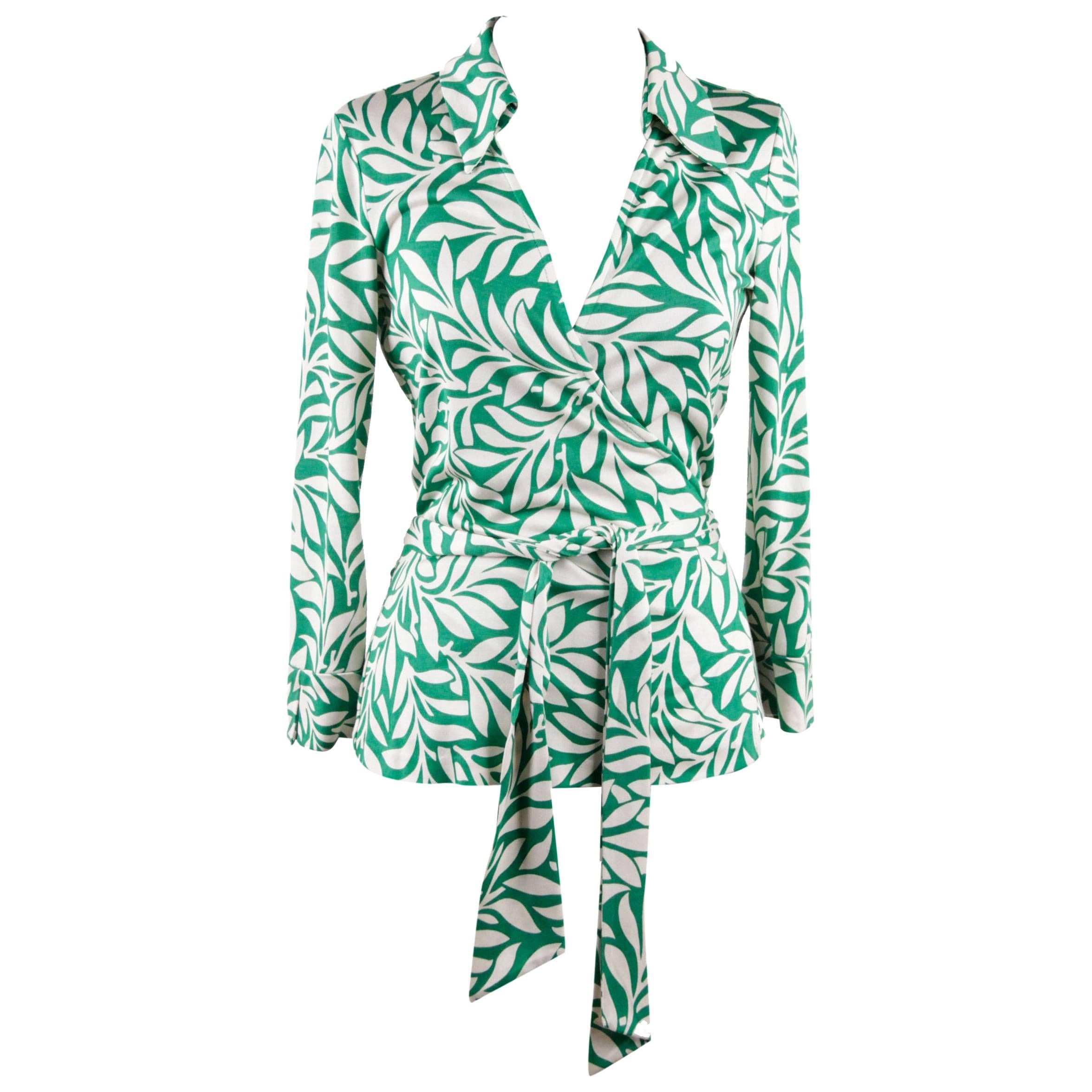 DIANE VON FURSTEMBERG VINTAGE Green White Silk JILL TOP Blouse WRAP SHIRT 4