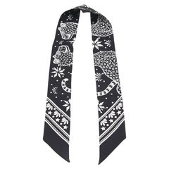 HERMES Silk Twilly Scarf Black White LES LEOPARDS Animal Paisley