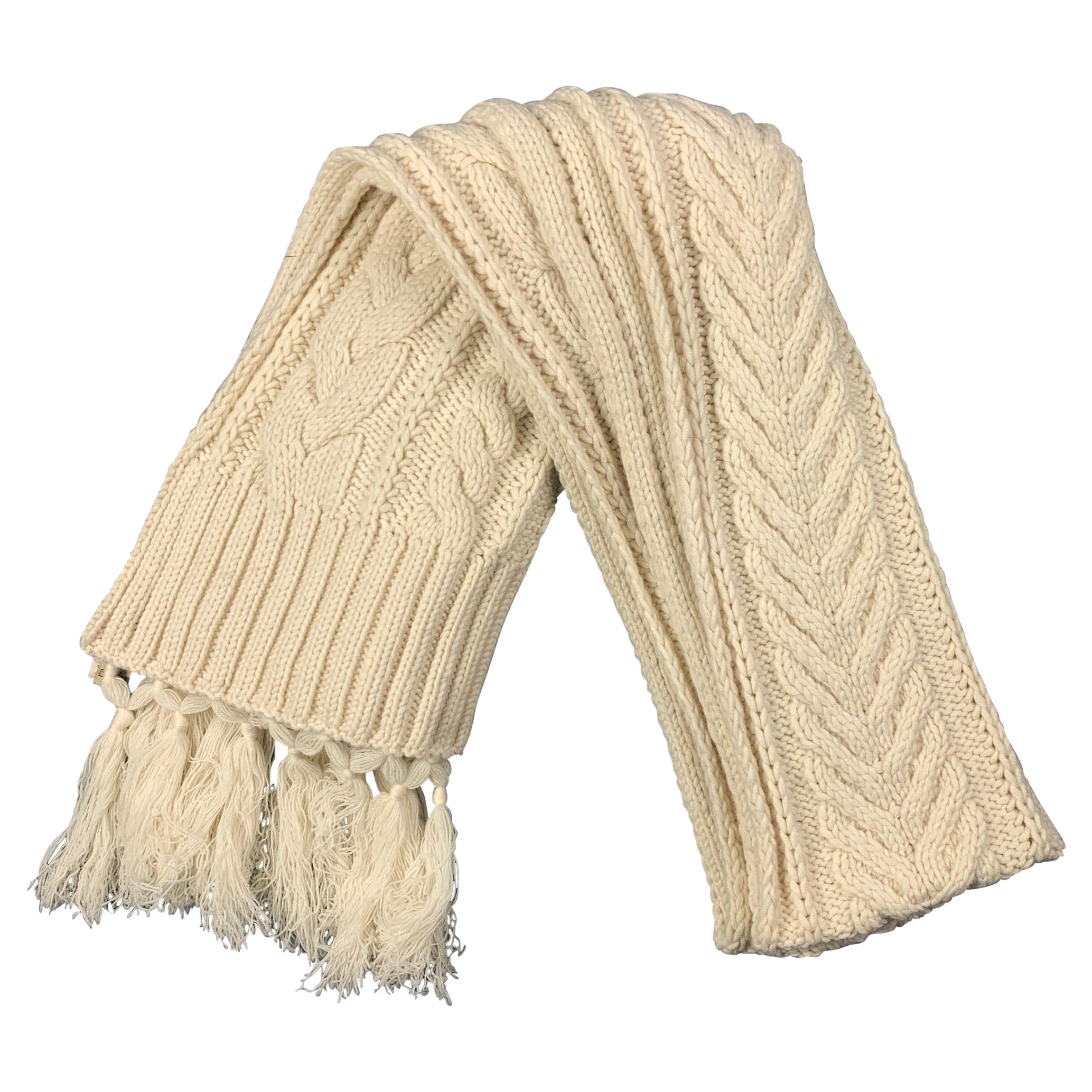 BURBERRY Cream Cable Knit Wool Cashmere Tassel Fringe Scarf For Sale at  1stDibs