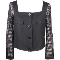 COURREGES Vintage Black Viscose CROPPED JACKET w/ NET Sleeves SIZE 38 FR 11