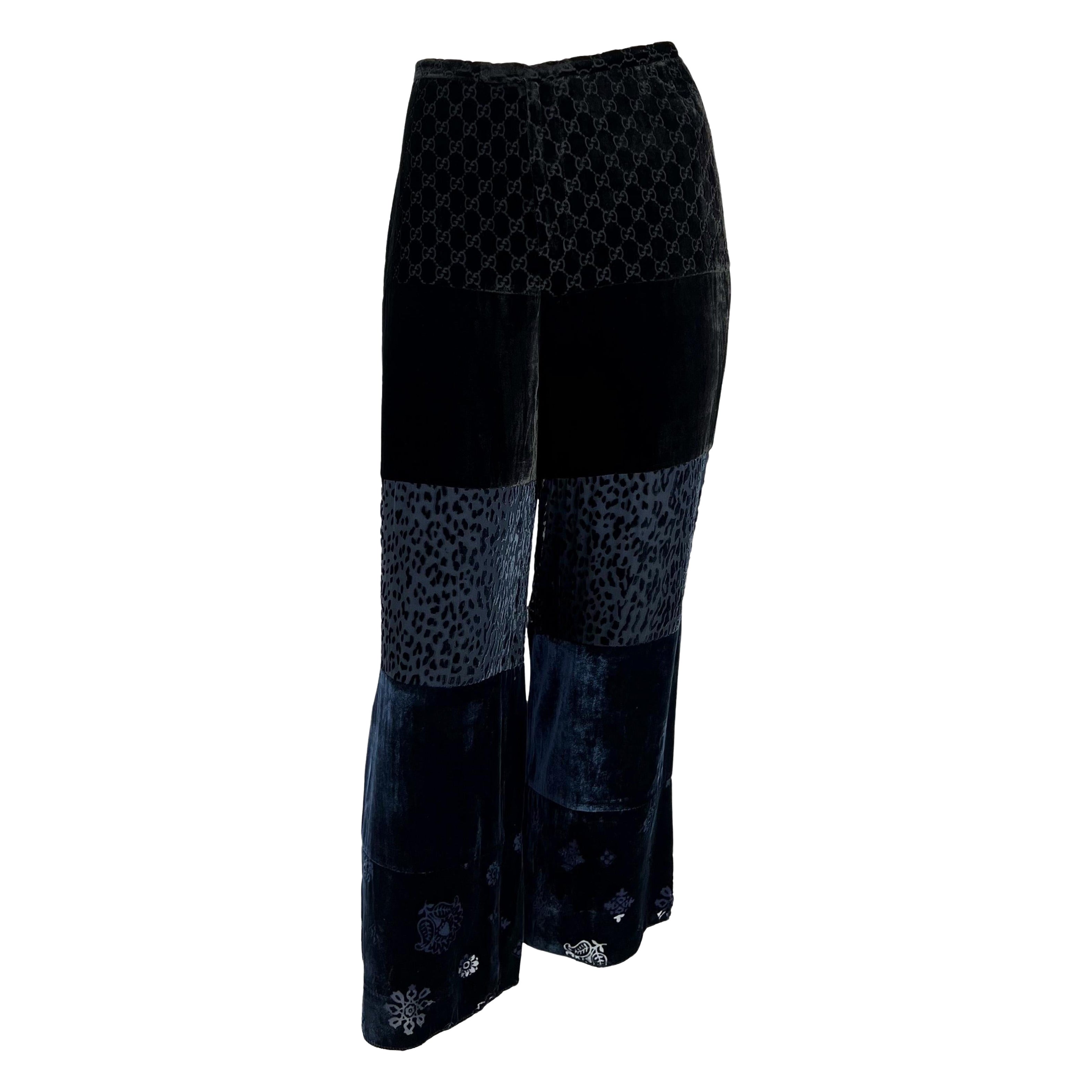 F/W 1997 Gucci by Tom Ford Runway Velvet GG Monogram Navy Black Patchwork Pants For Sale