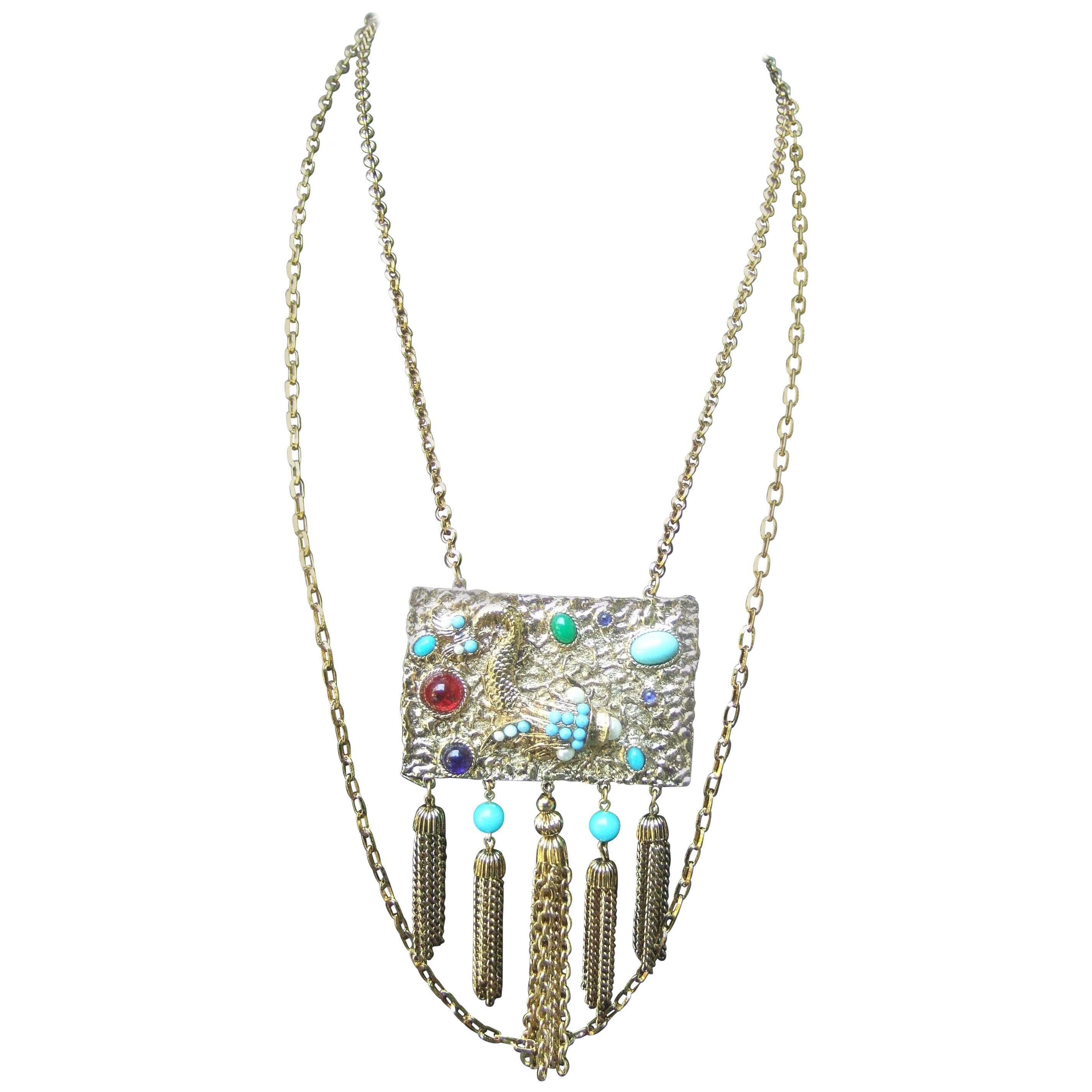 Exotic Jeweled Serpent Pendant Necklace ca 1970 