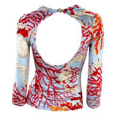 S/S 2005 Versace by Donatella Blue Coral Print Medusa Buckle Viscose Top