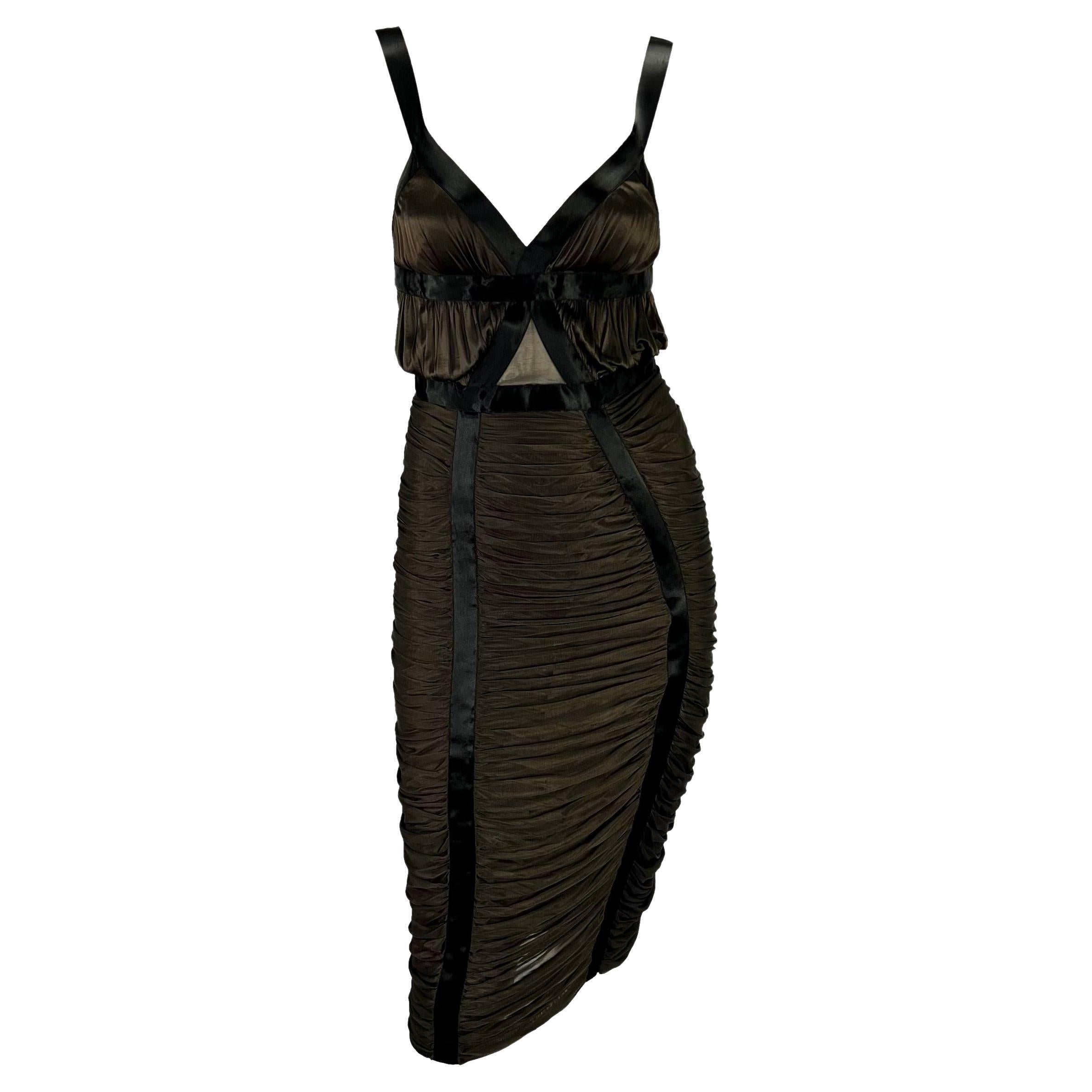 S/S 2003 Yves Saint Laurent by Tom Ford Ruched Brown Stretch Viscose Dress For Sale