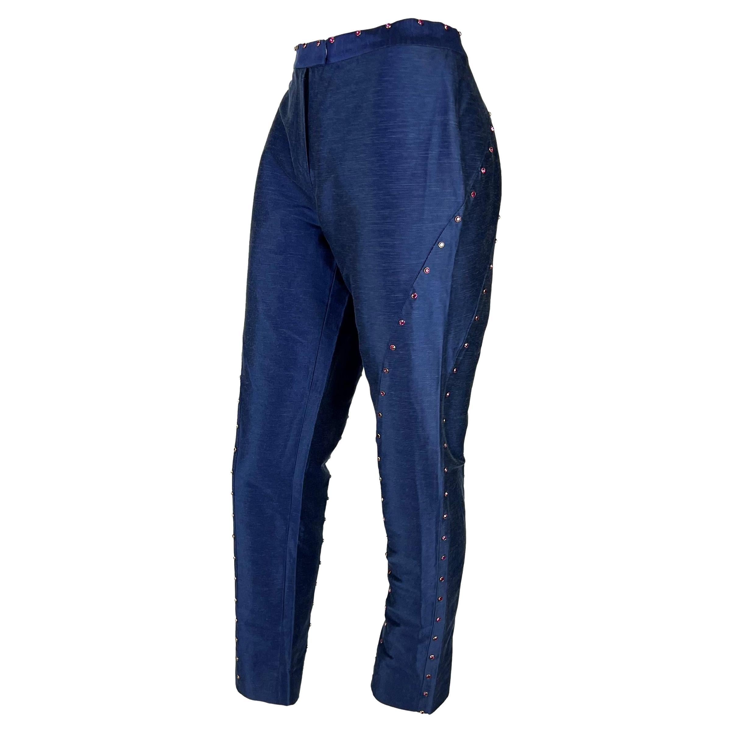S/S 2000 Gianni Versace by Donatella Runway Blue Chambray Pink Rhinestone Pants For Sale