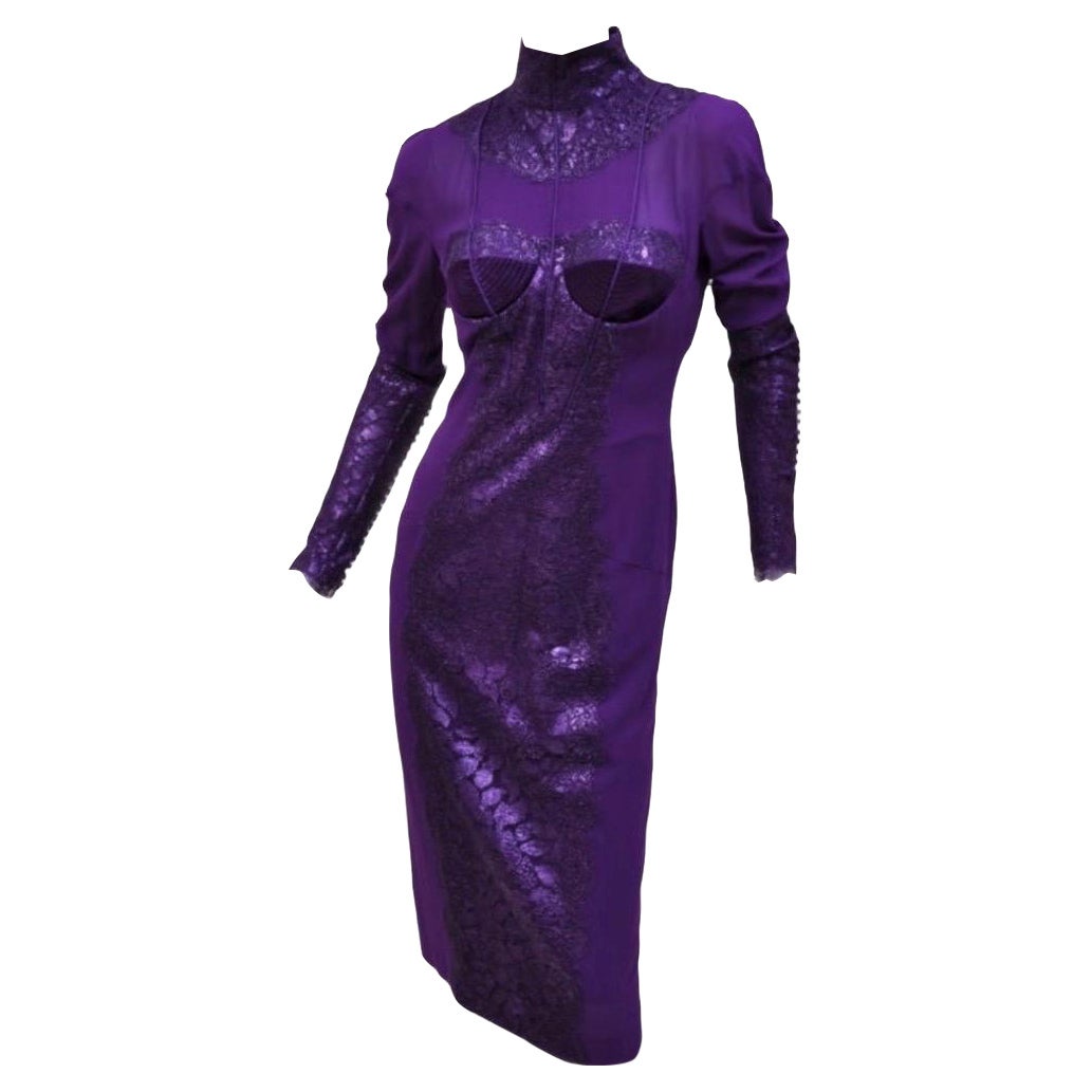 New Tom Ford Metallic Amethyst Lace Cocktail Dress 40 - 4 For Sale