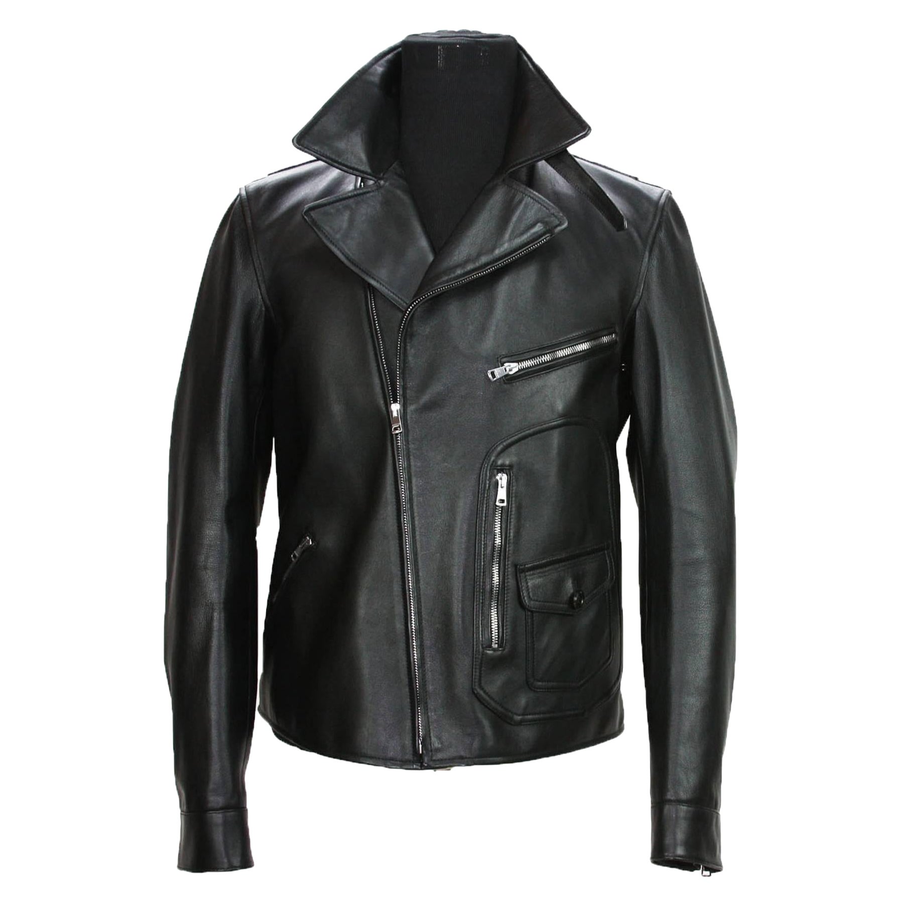 New GUCCI Men's Black Leather Moto Biker Jacket It.50 - US 40 For Sale