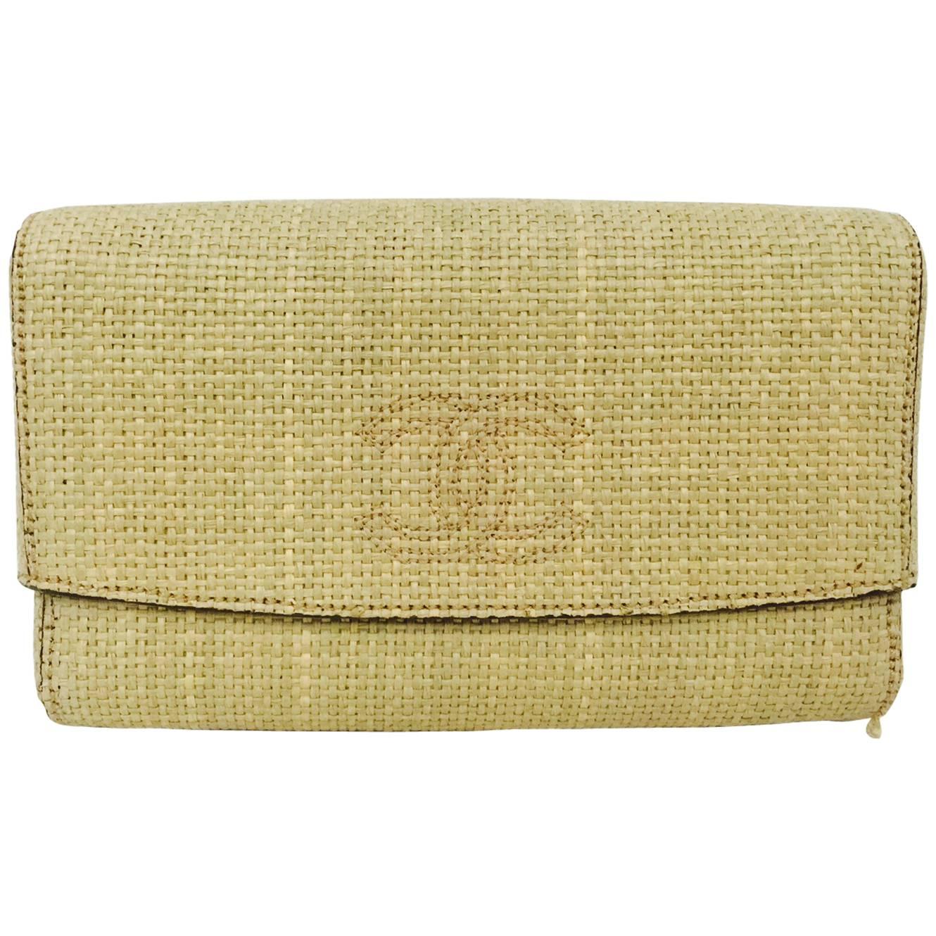 1990s Chanel Tan Raffia Clutch With Burgundy Leather and Fabric Interior