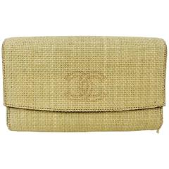 Vintage 1990s Chanel Tan Raffia Clutch With Burgundy Leather and Fabric Interior 