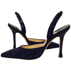 Magnificent Manolo Blahnik Pointed Toe Midnight Blue Sequined Slingback Heels 12