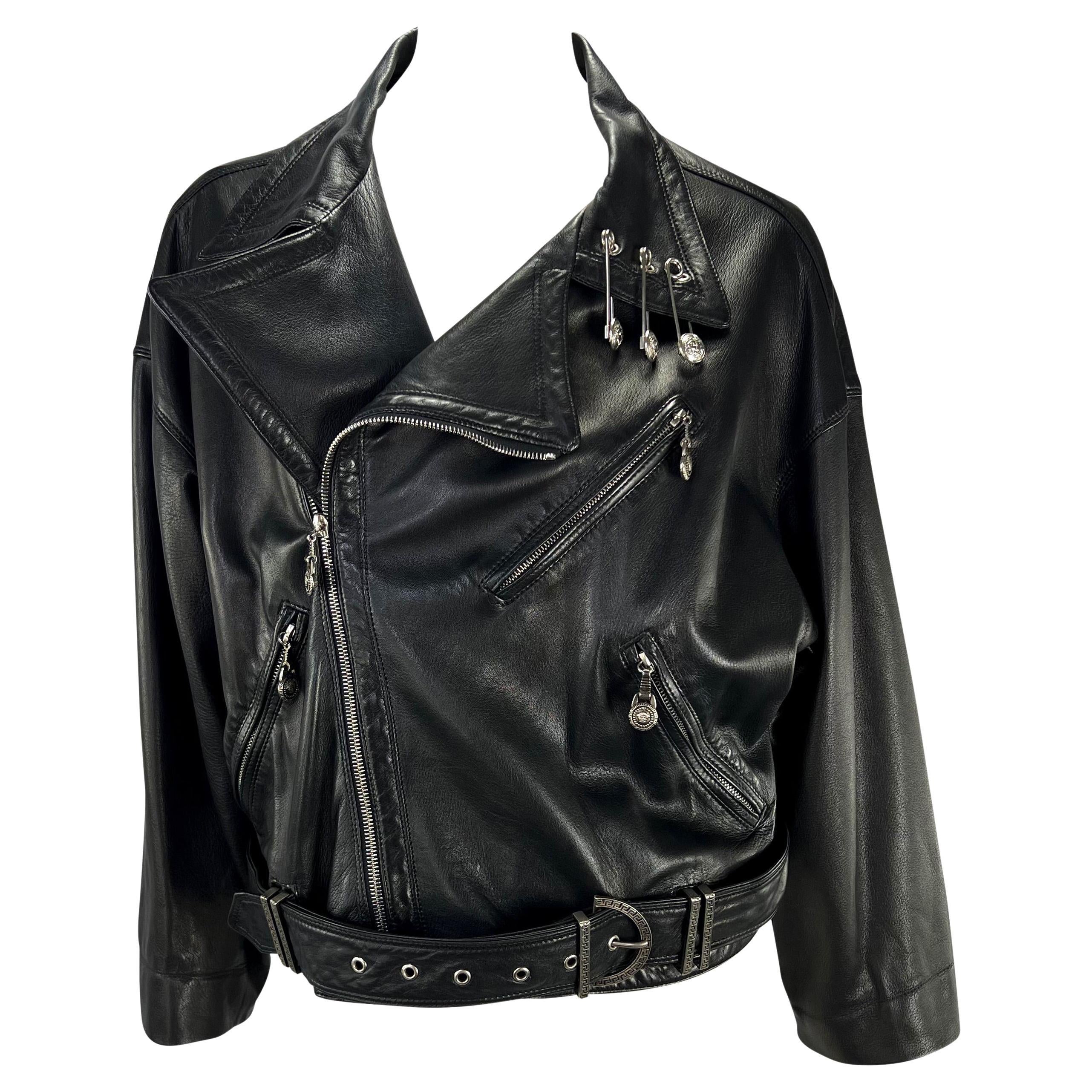 S/S 1994 Gianni Versace Medusa Safety Pin Leather Belted Moto Jacket en vente