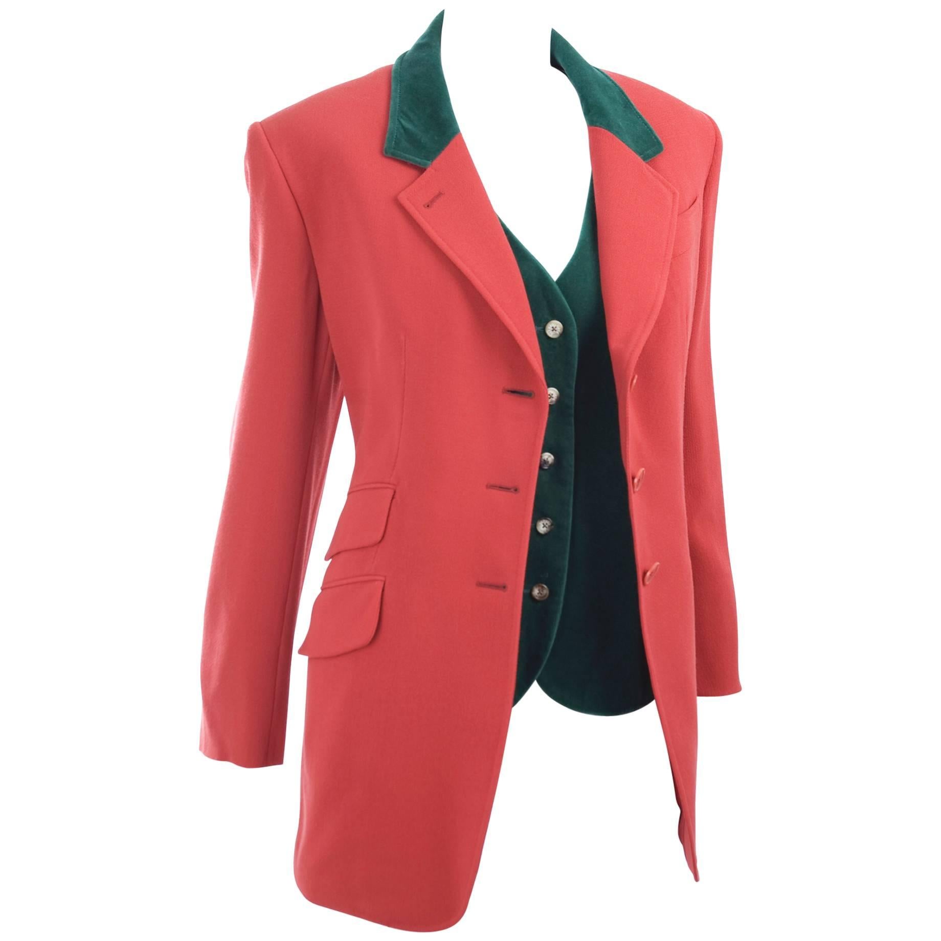 Vintage 80s Hermes Riding Style Jacket and Vest in Red and Green For Sale