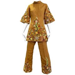 1970s mustard yellow brown cotton embroidered raffia tunic ensemble