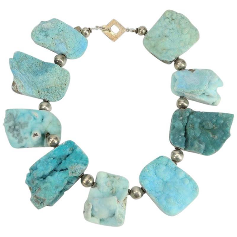 Natural Turquoise Druzy Quartz and Sterling Silver Necklace Estate Fine Jewelry