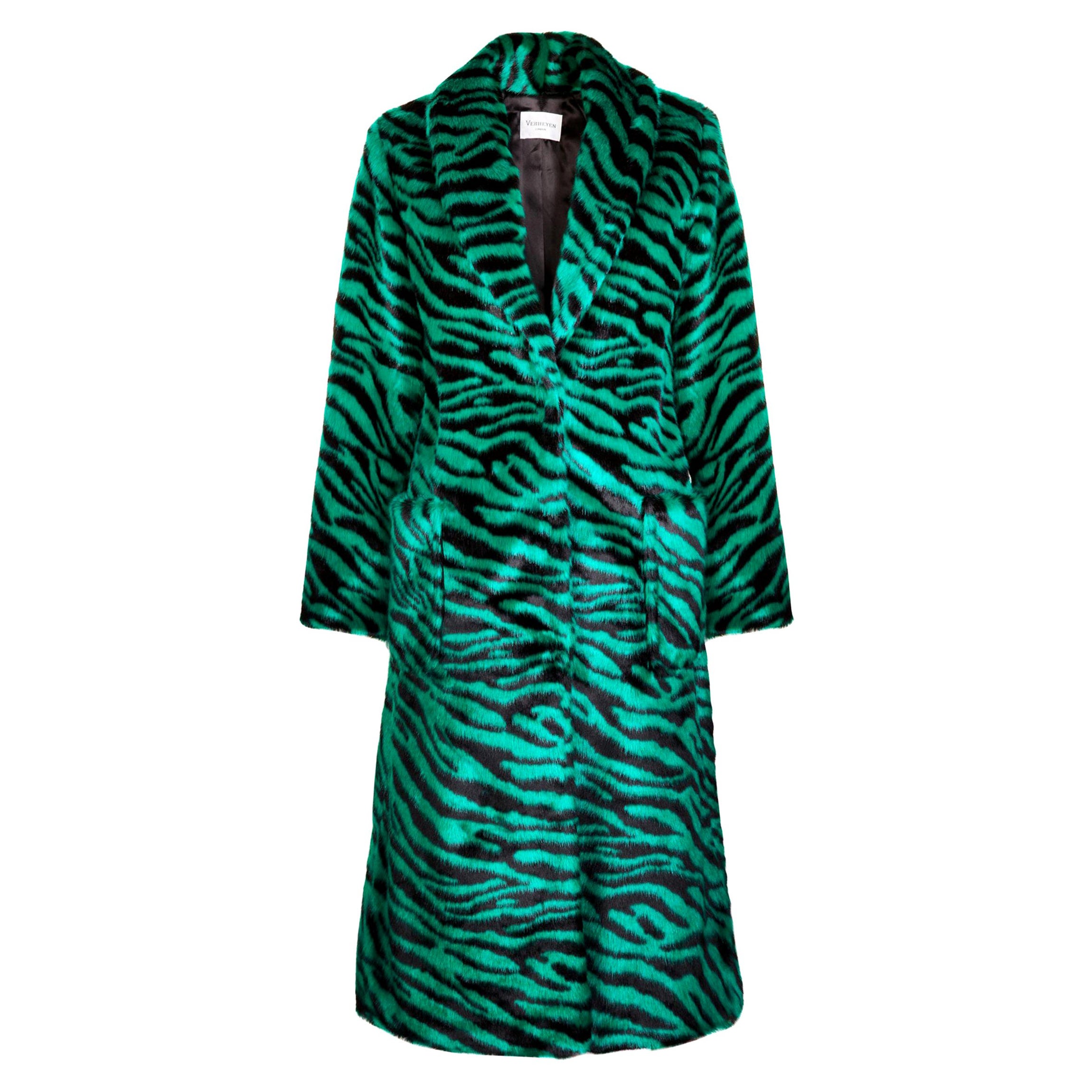 Verheyen London Esmeralda Faux Fur Coat in Emerald Green Zebra Print size uk 10