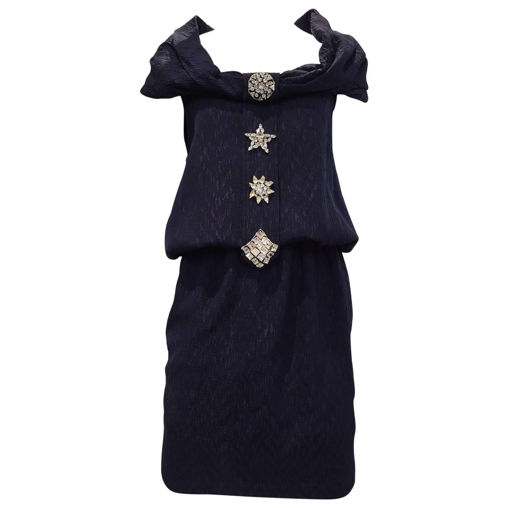 Christian Lacroix  Vintage silk matelasse off shoulder dress with rhinestones For Sale