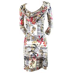 John Galliano Newspaper Print and Flowers Draped Dress