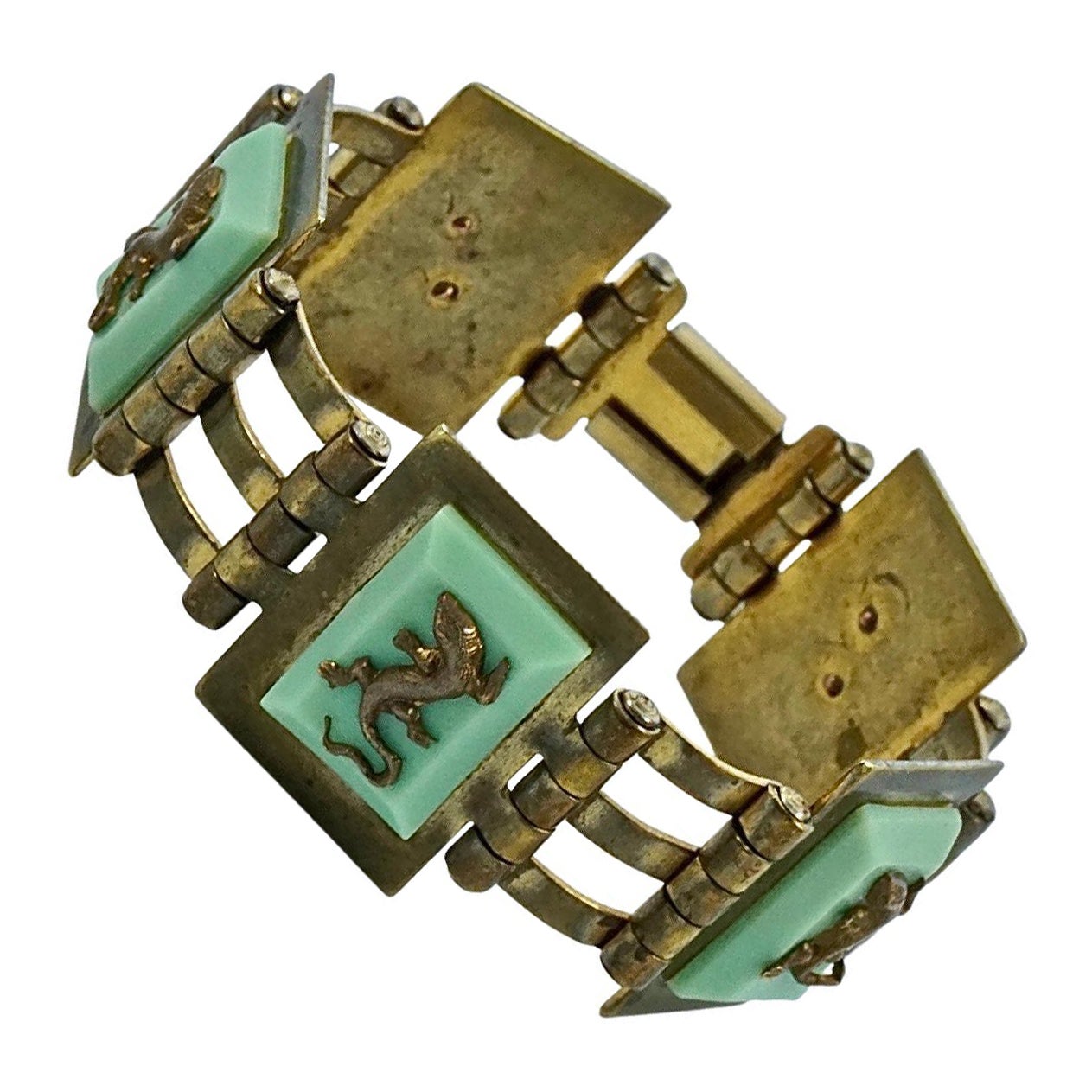 Jean Painleve French Art Deco Gold Plated Green Bakelite Salamander Bracelet For Sale