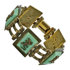 Vintage Jean Painleve French Art Deco Gold Plated Green Bakelite Salamander Bracelet