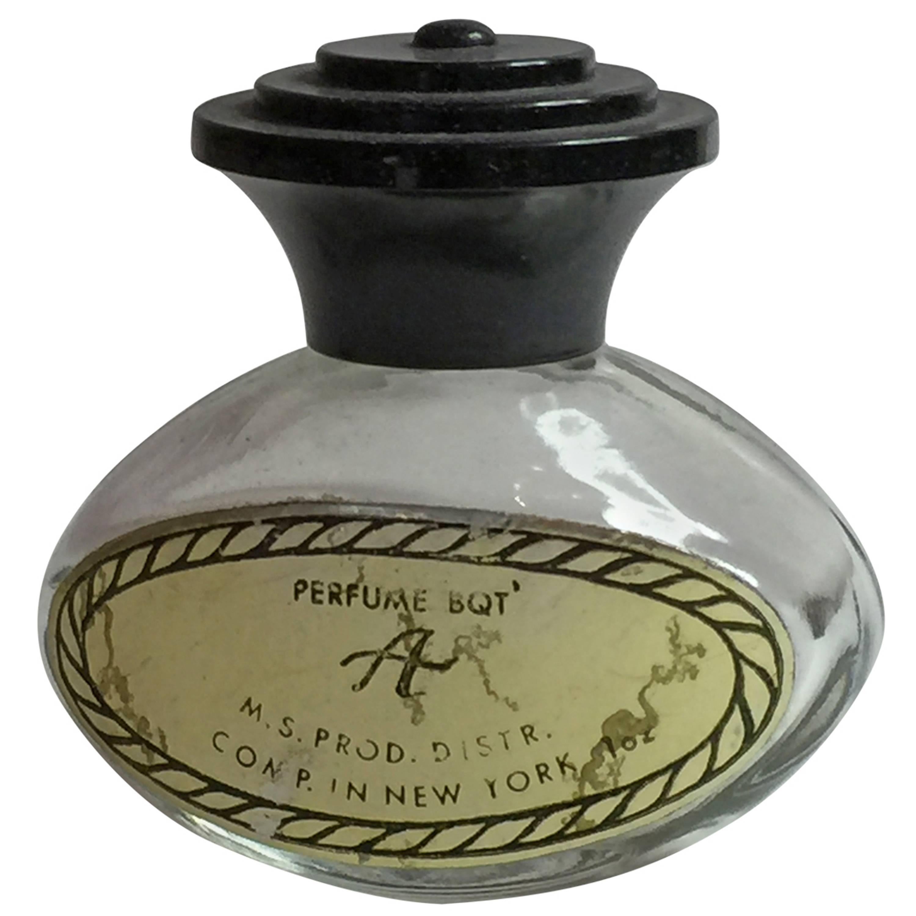 1930s Perfume BQT "A" Glass with Black Art Deco Carved Bakelite Cap For Sale