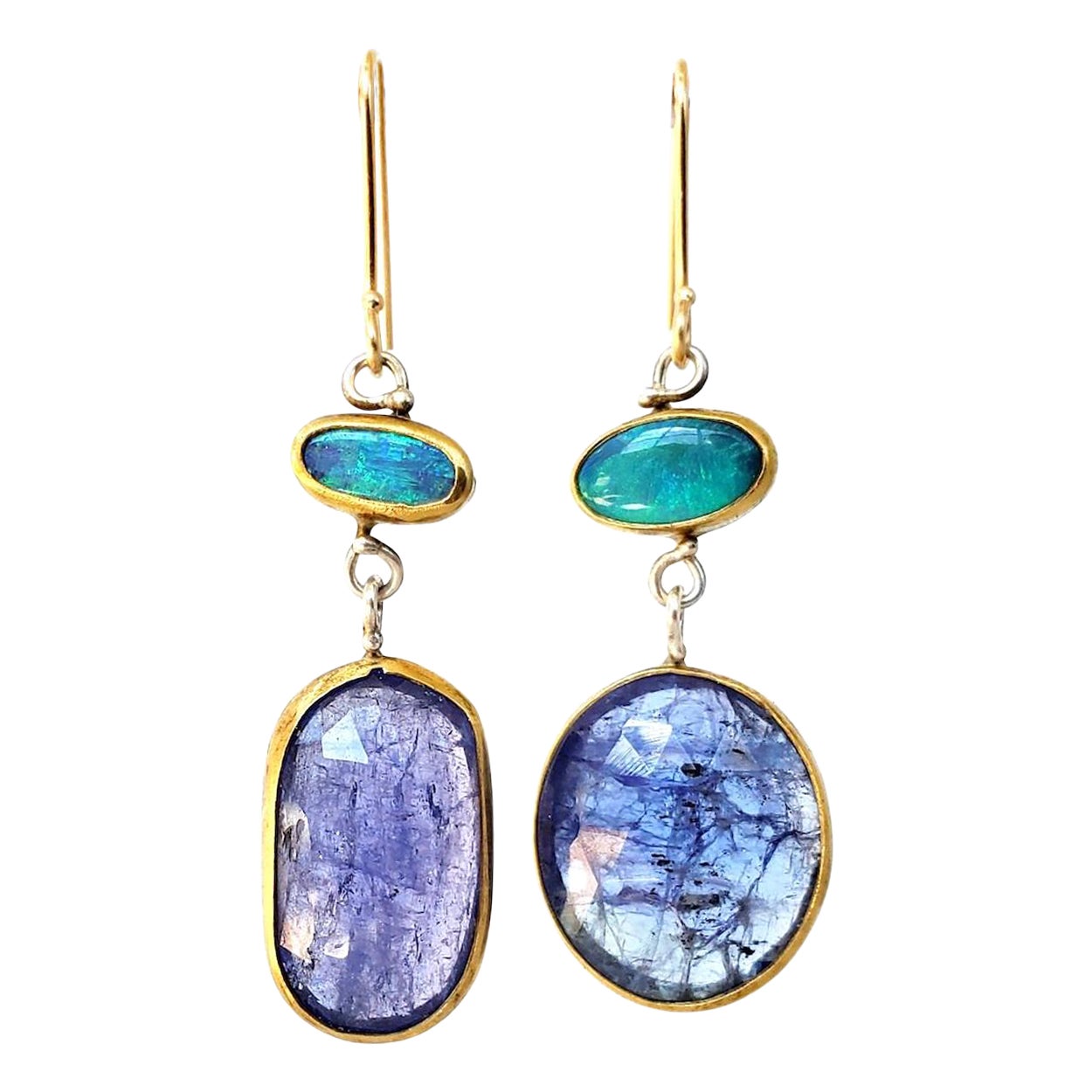 Leda Jewel Co Lightning Ridge Opal Earrings With Rose Cut Tanzanite Drops For Sale