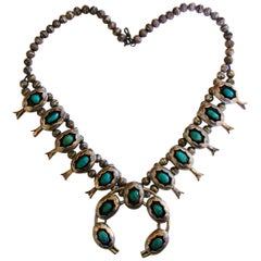 Squash Blossom Necklace Shadowbox Sterling Silver And Turquoise Navajo 1970s 