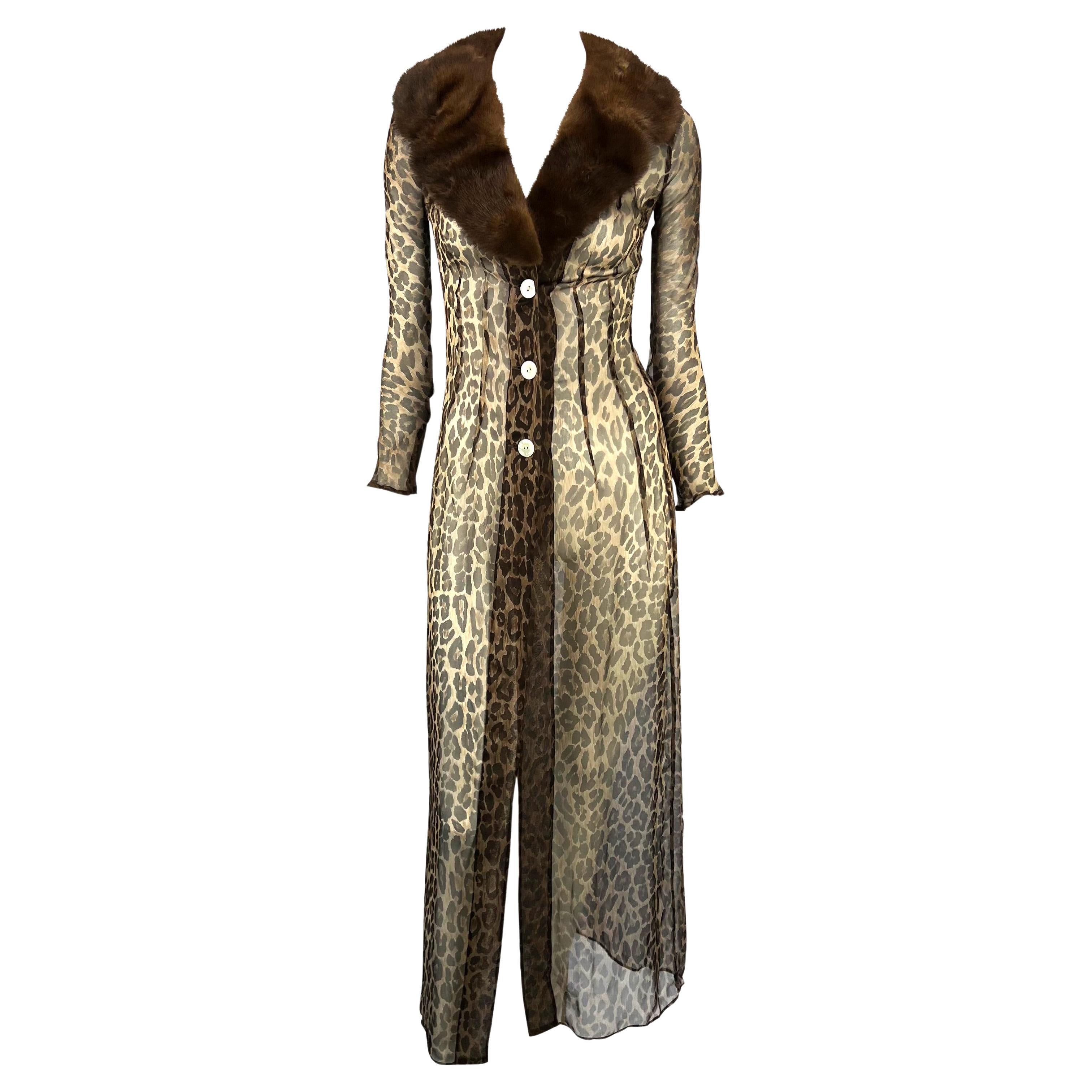 S/S 1997 Dolce & Gabbana Sheer Leopard Print Mink Fur Full-Length Cardigan Dress For Sale