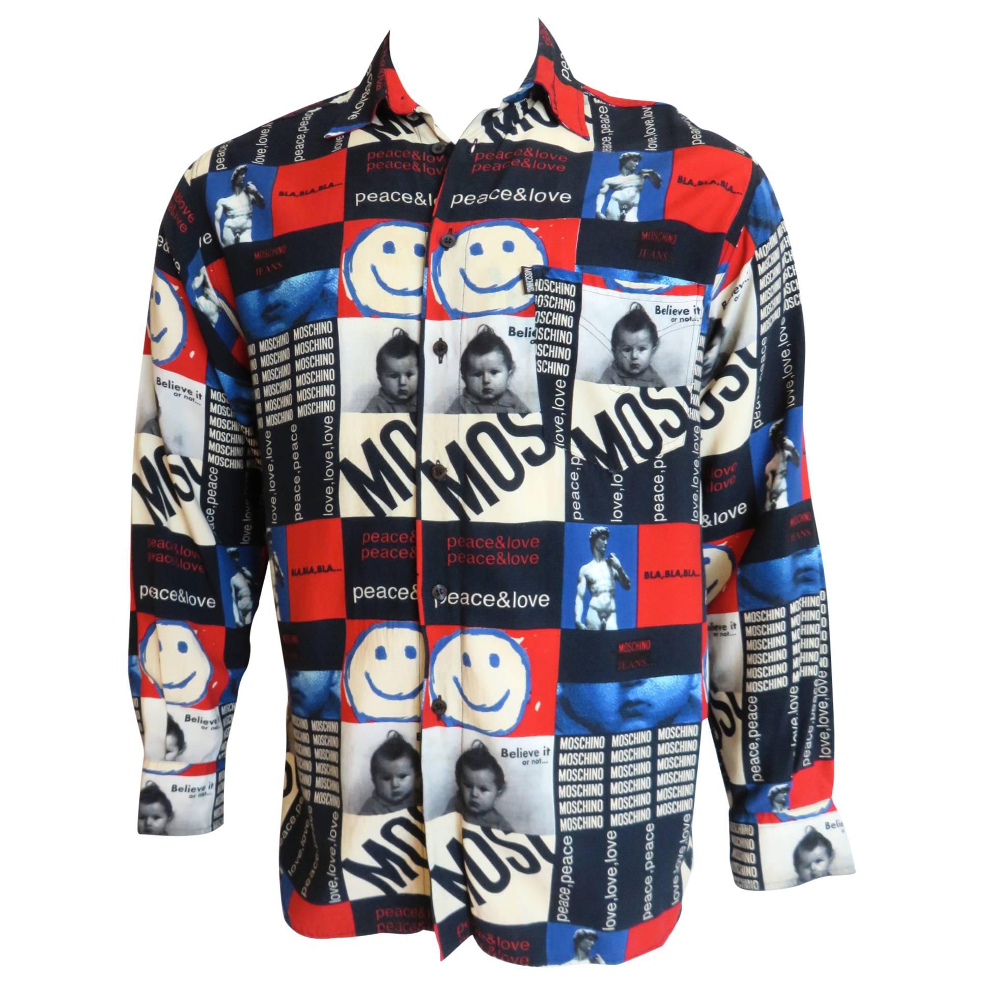 1980's MOSCHINO Men's Peace & Love printed shirt