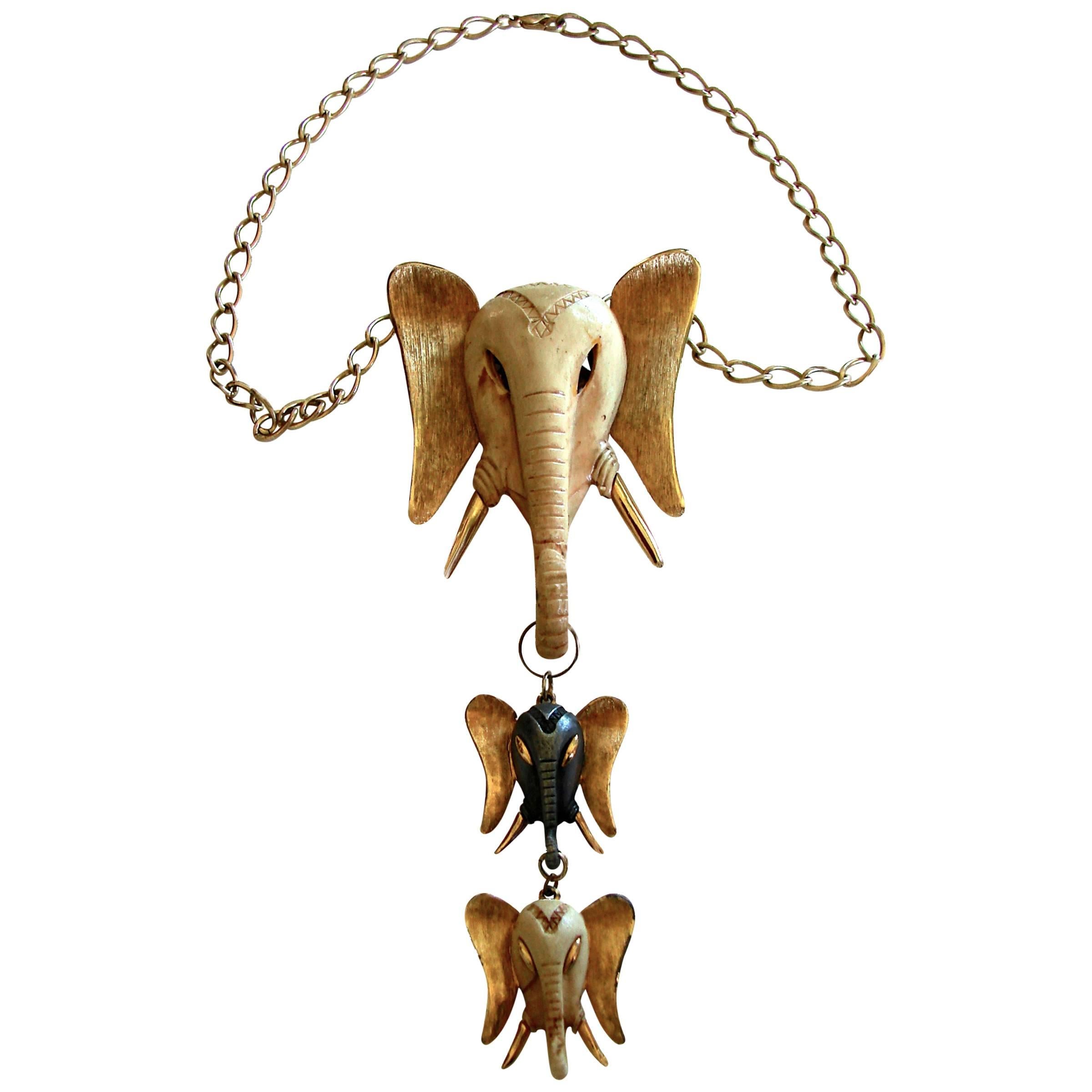 Massive Elephant Head Necklace by Razza Rare Statement Piece 1970s 