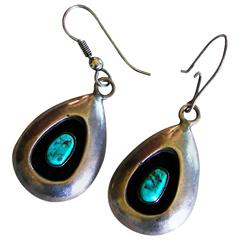 Native American Sterling Silver + Turquoise Shadowbox Earrings 1970s 7