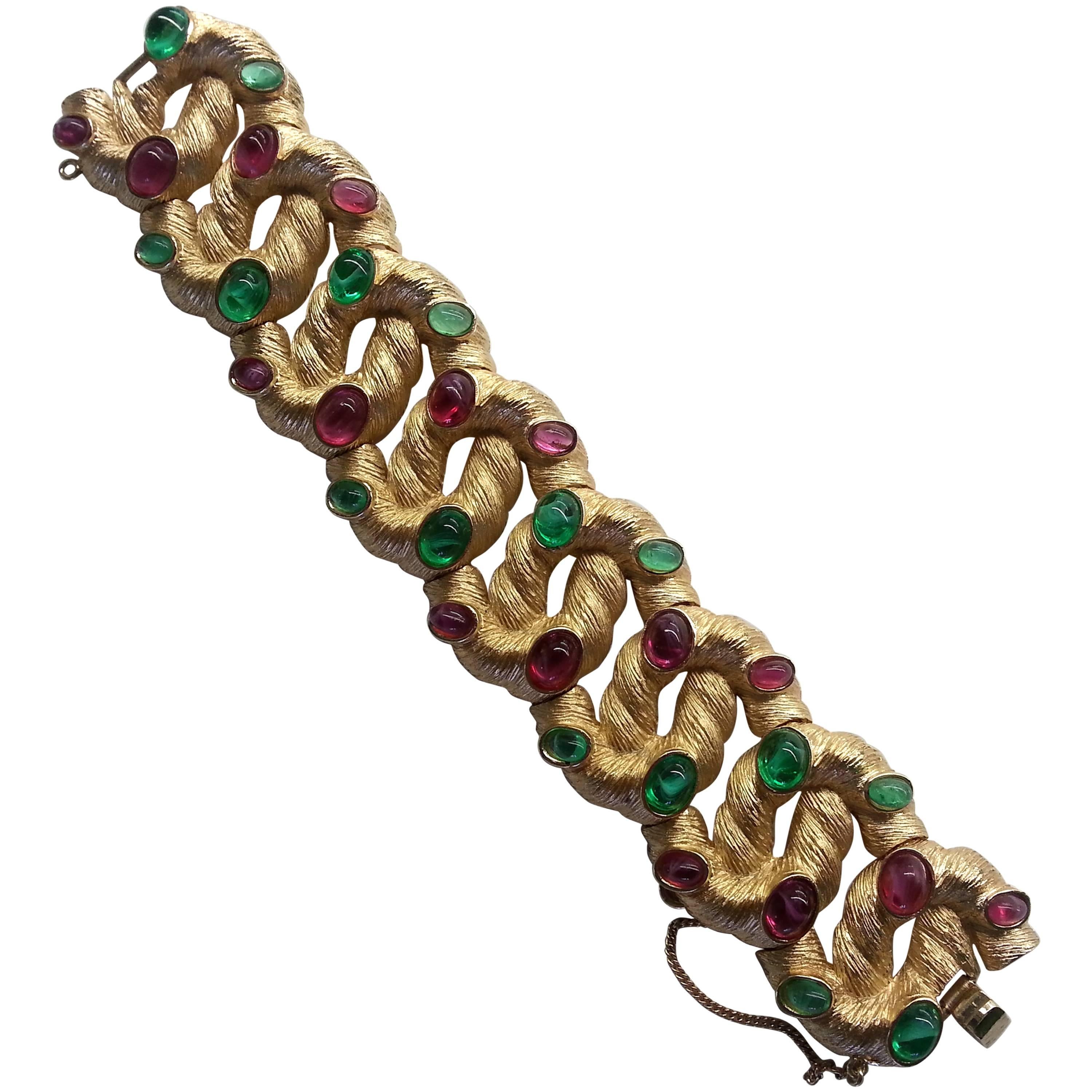 1960s Brushed Gold tone TRIFARI and Faux Emerald and Ruby Cabochon Bracelet