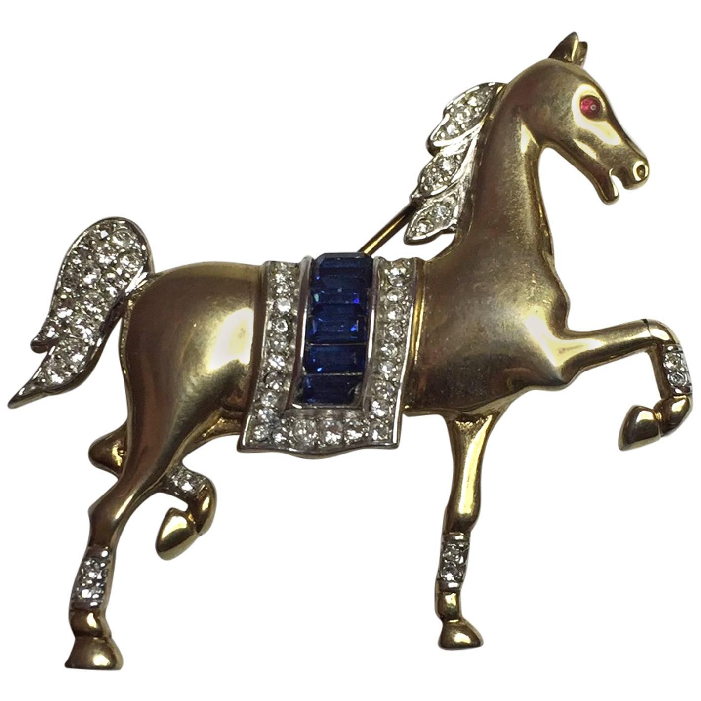 1940s TRIFARI Faux Sapphire Diamond Retro Horse Stallion Pin Brooch For Sale