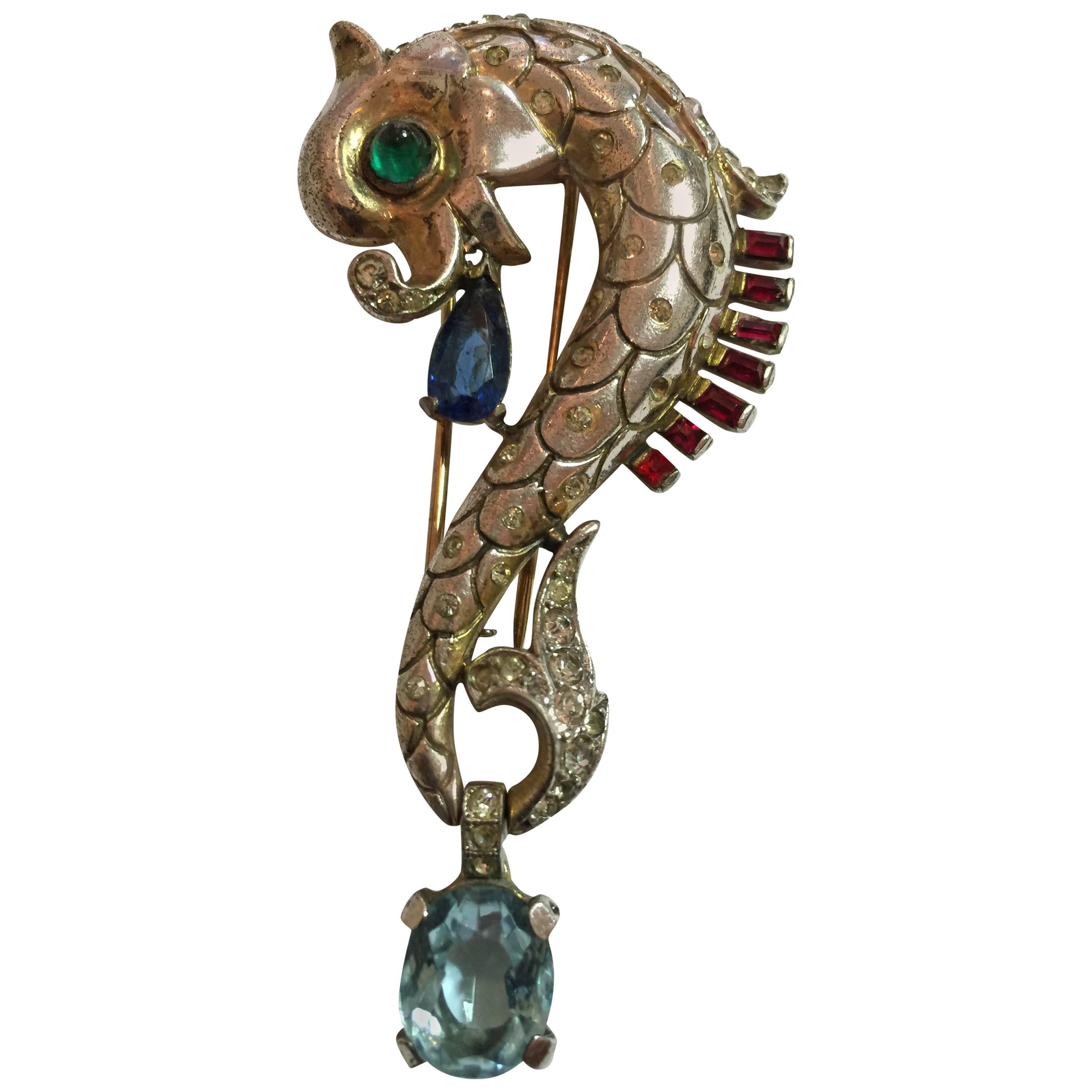 1940s TRIFARI Seahorse Dress Clip Brooch For Sale