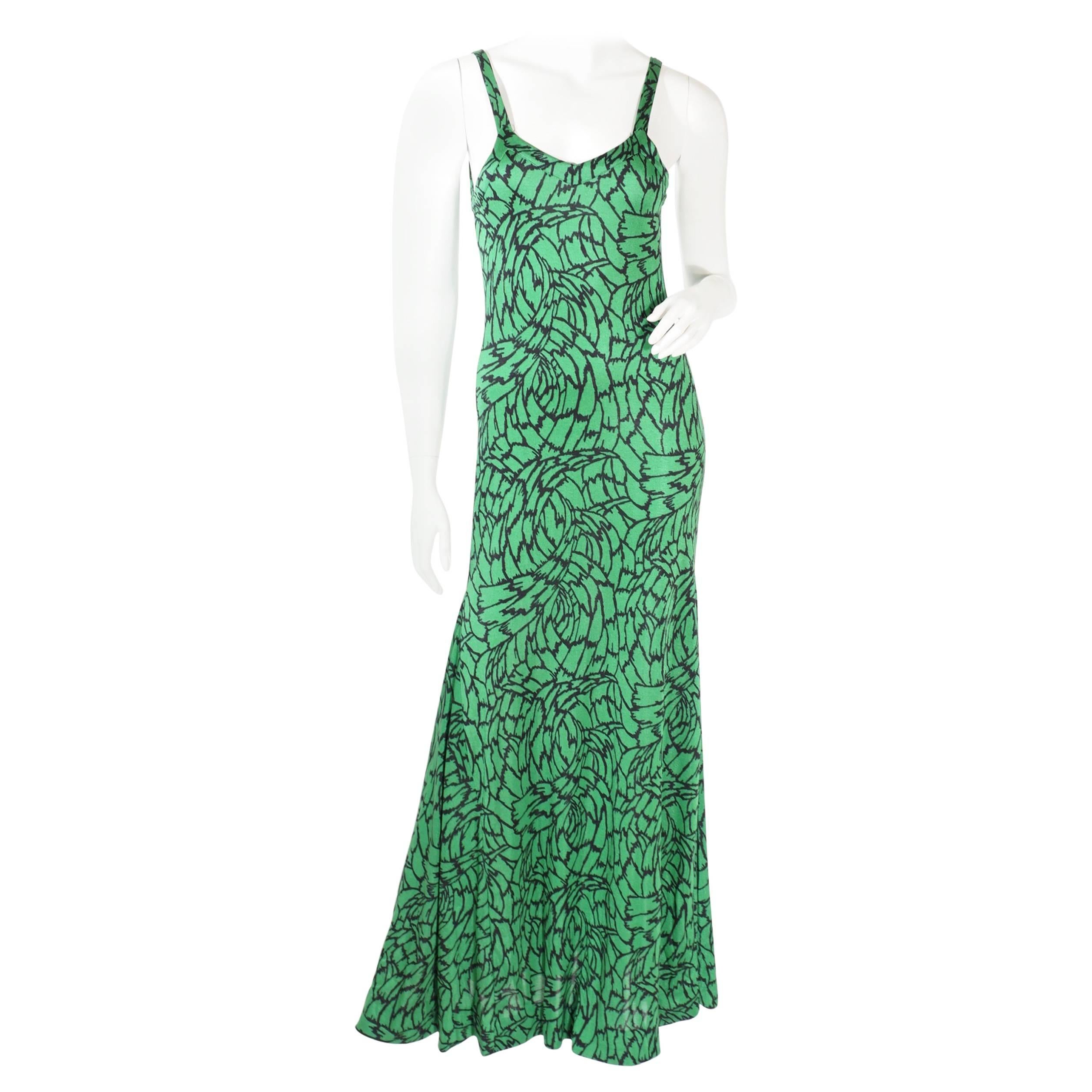 Diane Von Furstenberg Green Print Maxi Gown With Matching L/S Shirt And Tie For Sale