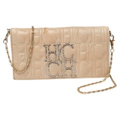 CH Carolina Herrera Beige Monogram Quilted Leather Crystal CH Wallet On Chain