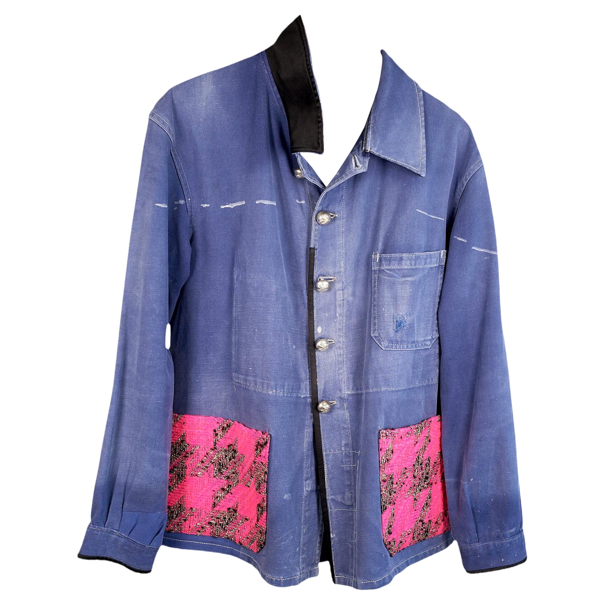 Vintage Distressed Jacket Blue French Work Wear Neon Pink Tweed Small